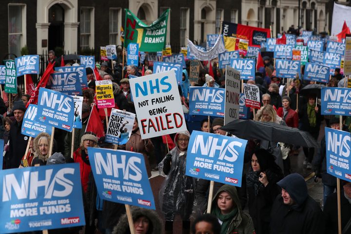 Thousands of protesters marched in London on Saturday calling for an end to the NHS 'crisis'