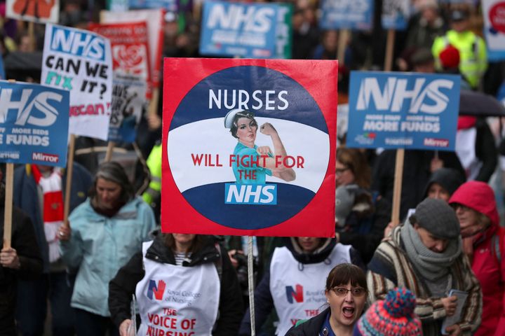 <strong>Slogans such as 'No ifs, no buts, no NHS cuts' were chanted as protesters gathered at Gower Street </strong>