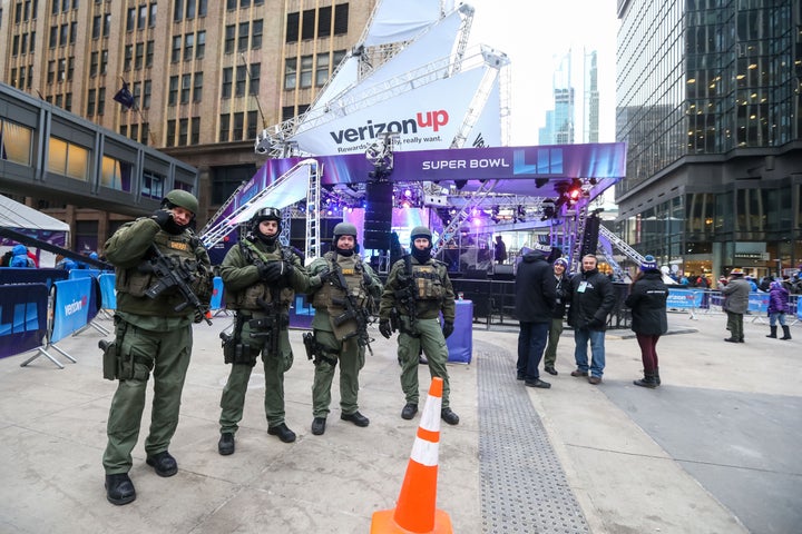 Totally apolitical sheriff's deputies stick to sports Tuesday on Nicollet Mall in Minneapolis.