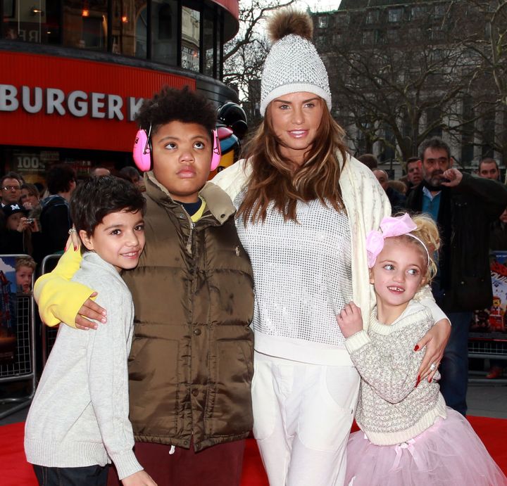Katie Price with her children Junior (left)Harvey and Princess arriving at a celebrity screening of The Lego Movie at the Vue West End, Leicester Square, London.