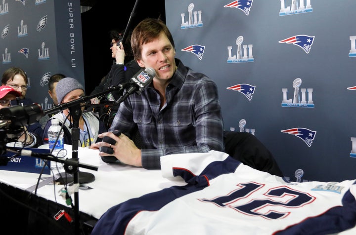 New England Patriots quarterback Tom Brady speaks during a media availability ahead of the Super Bowl in Minneapolis, Minneso