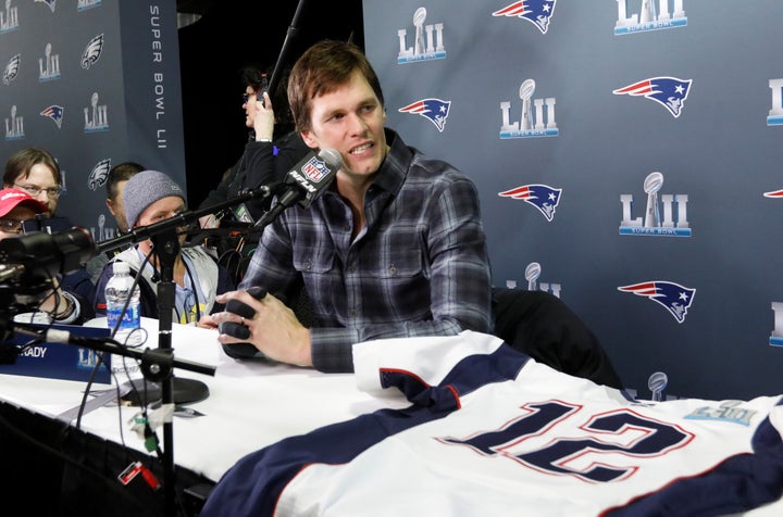 New England Patriots quarterback Tom Brady speaks during a media availability ahead of the Super Bowl in Minneapolis, Minnesota, U.S. February 1, 2018. (REUTERS/Kevin Lamarque)