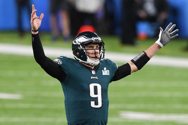Philadelphia Eagles quarterback Nick Foles celebrates after throwing a touchdown pass during the second quarter against the New England Patriots in Super Bowl LII at U.S. Bank Stadium in Minneapolis, Minnesota on February 4, 2018. (John David Mercer-USA TODAY Sports)