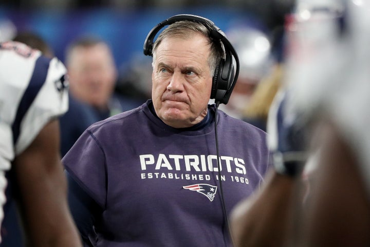 Head coach Bill Belichick of the New England Patriots looks on against the Philadelphia Eagles during the first quarter in Super Bowl LII at U.S. Bank Stadium on February 4, 2018 in Minneapolis, Minnesota. (Photo by Patrick Smith/Getty Images)