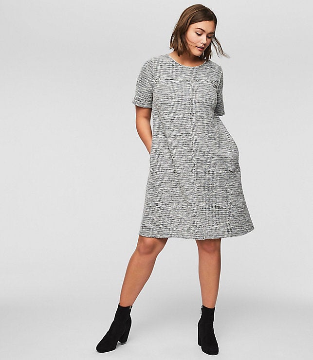 From Loft's new plus collection, featuring the Fringe Tweed Pocket Dress. 