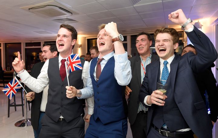 Leave supporters cheer results at a Leave.eu party after polling stations closed in the Referendum on the European Union in London, Britain, June 23, 2016