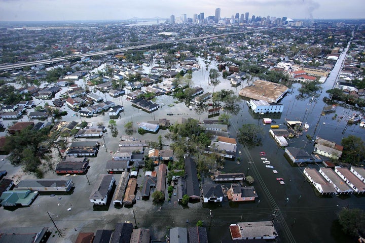 An aerial view of the devastation in the greater New Orleans area following Hurricane Katrina on Aug. 30, 2005.