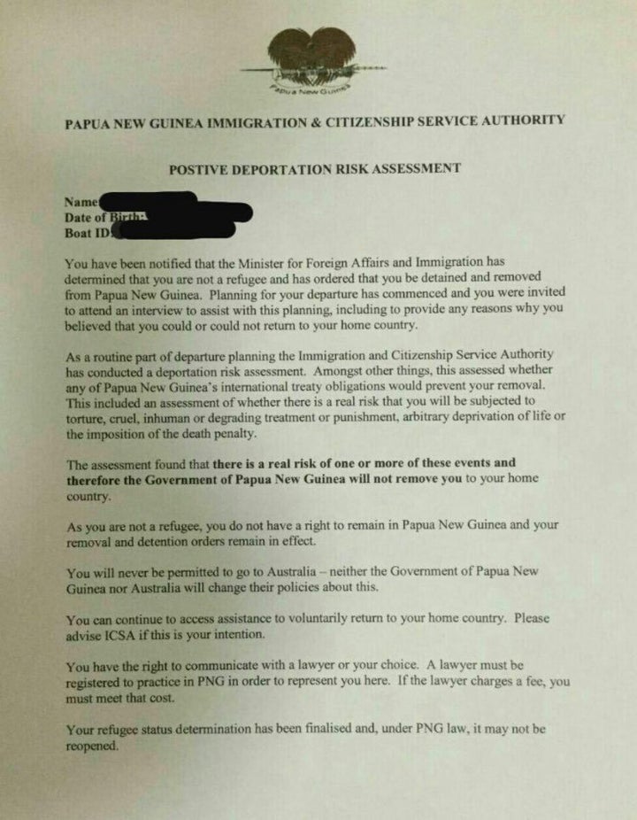 The letter distributed to asylum seekers on Manus Island in Papua New Guinea.