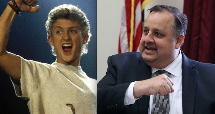 Actor Alex Winter, left, as Bill in "Bill and Ted's Excellent Adventure," had a laugh on Twitter with former White House ethics chief Walter Shaub (right).
