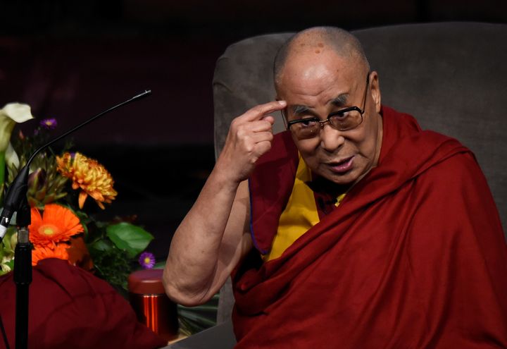 Tibetan spiritual leader the Dalai Lama gestures as he speaks at an event in Londonderry, Northern Ireland, September 10, 2017. 