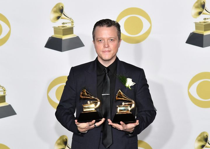 Jason Isbell poses with his two Grammy Awards last month.