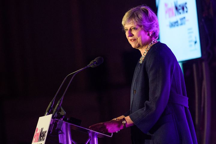Prime Minister Theresa May gives a speech at the Pink News Awards