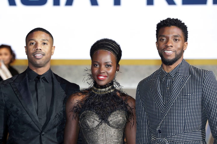 Actors Michael B. Jordan, Lupita Nyong'o, and Chadwick Boseman (left to right) arrive at the red carpet of the Seoul premiere of 'Black Panther' on Feb. 5, 2018 in Seoul, South Korea.