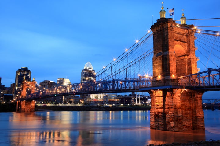 Cincinnati's Roebling Bridge at night.