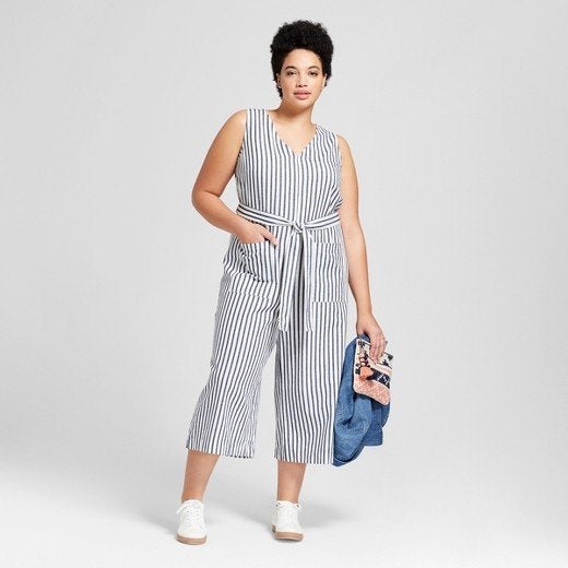 From Target's new Universal Thread collection, featuring the Cropped Stripe Jumpsuit in navy stripe.