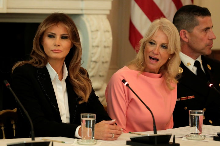 Kellyanne Conway and Melania Trump in a White House meeting with experts and people affected by the opioid crisis.