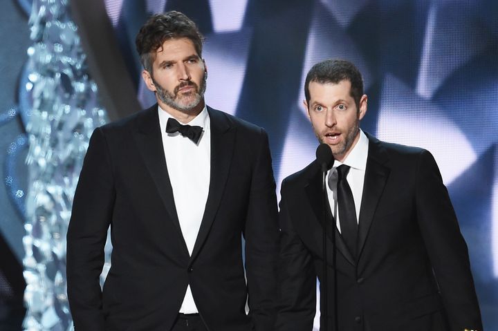 David Benioff and D.B. Weiss accepting an Emmy for Outstanding Writing for a Drama Series for “Game of Thrones” in 2016.