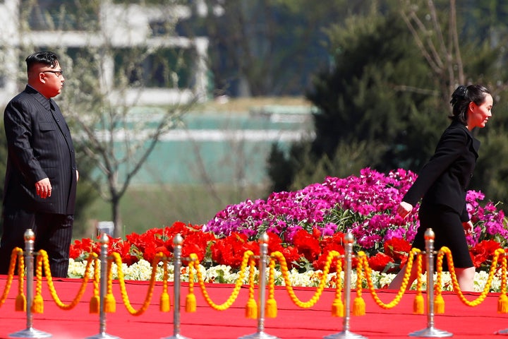 North Korean leader Kim Jong Un and his sister Kim Yo Jong attend an opening ceremony of a newly constructed residential comp