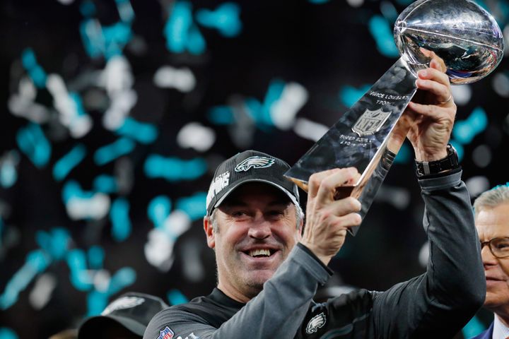 Head coach Doug Pederson of the Philadelphia Eagles celebrates with the Vince Lombardi Tropy after his teams 41-33 victory over the New England Patriots in Super Bowl LII