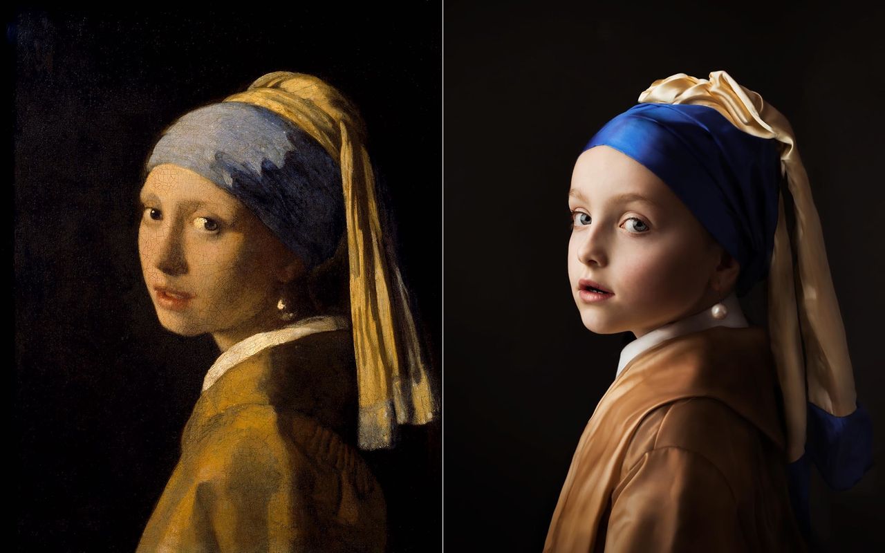 Johannes Vermeer's painting of "Girl with a Pearl Earring" on the left and Woud-Binnendijk’s photographic recreation on the right.