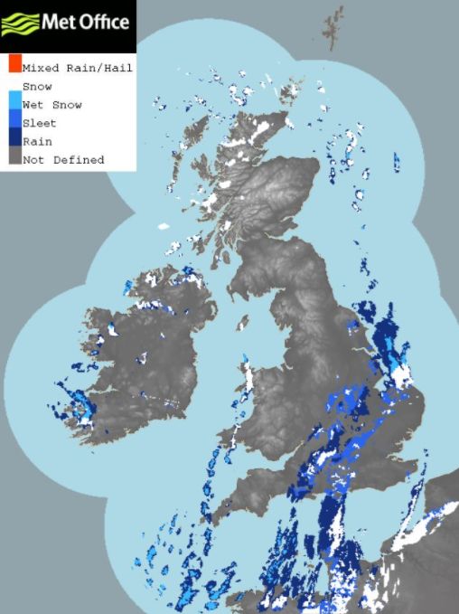 A Met Office radar image showing different types of precipitation across the UK such as rain, sleet, snow and hail.