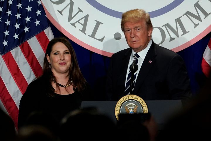 RNC chairwoman Ronna Romney McDaniel (left) introducing President Donald Trump (right) at the Republican National Committee's winter meeting in Washington last week.