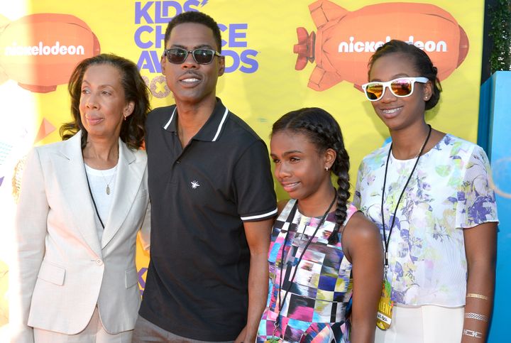 Chris Rock poses with his mother, Rose, and daughters Zahra and Lola on March 28, 2015.