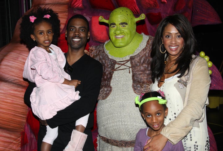 Chris Rock and Malaak Compton-Rock visit Shrek backstage with their daughters on March 8, 2009 in New York City.