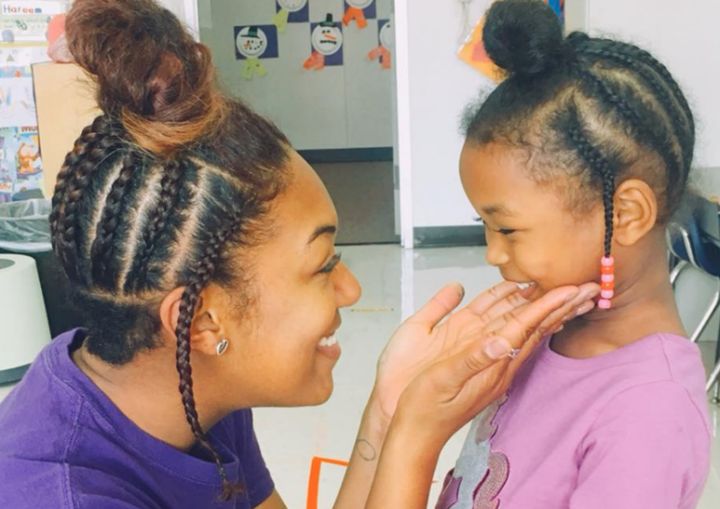 Pre-K teacher Leigh Bishop made her student smile by surprising her with an identical ’do. 