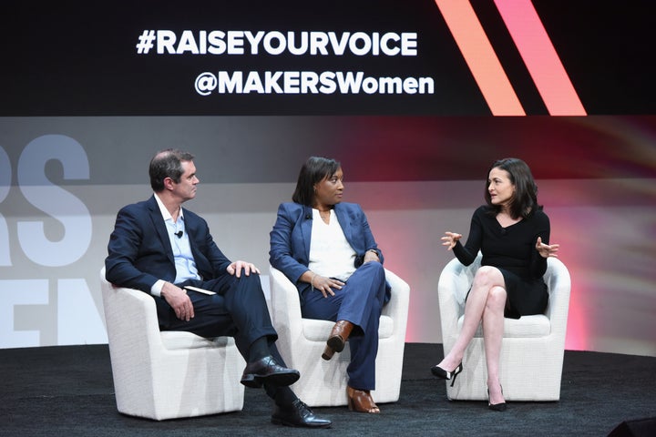 Sheryl Sandberg (far right) speaks onstage with David Smith and Laphonza Butler.