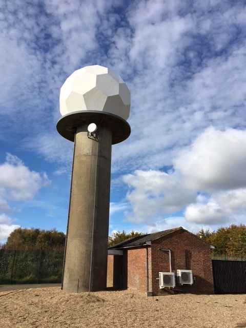 The weather radar at Chenies in southern England, complete with its golf-ball shaped radome on top, which protects the radar antenna.