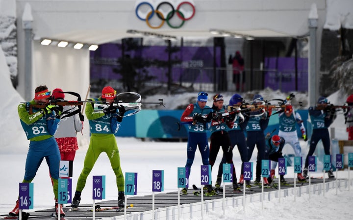 Biathletes at a practice session in Pyeonchang. 