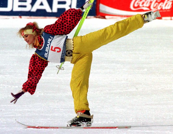 Oksana Kushenko of Russia performing in the ski ballet competition at the 1997 FIS Freestyle Ski World Championships in Nagano, Japan.