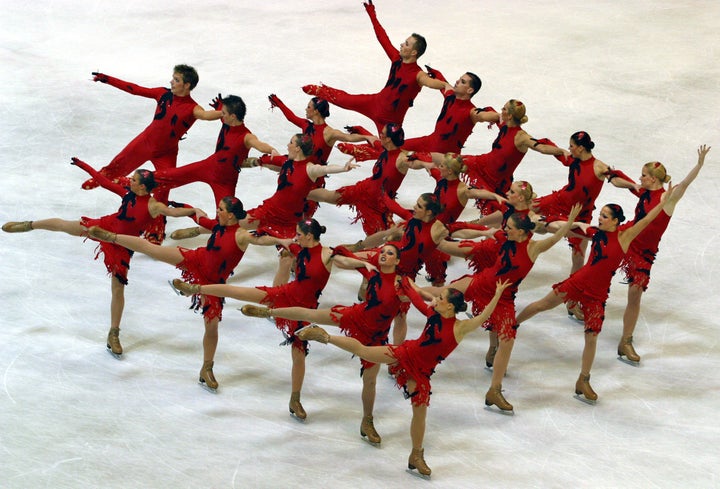 A U.S. synchronized skating team competing in Zagreb, Croatia, in 2004.