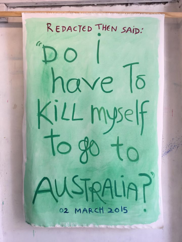 The incident report attached to this work reads, in part: "REDACTED saw them crying and told REDACTED he was worried about them. He then said, Do I have to kill myself to go to Australia? What place makes a REDACTED yr old try to kill themselves?"