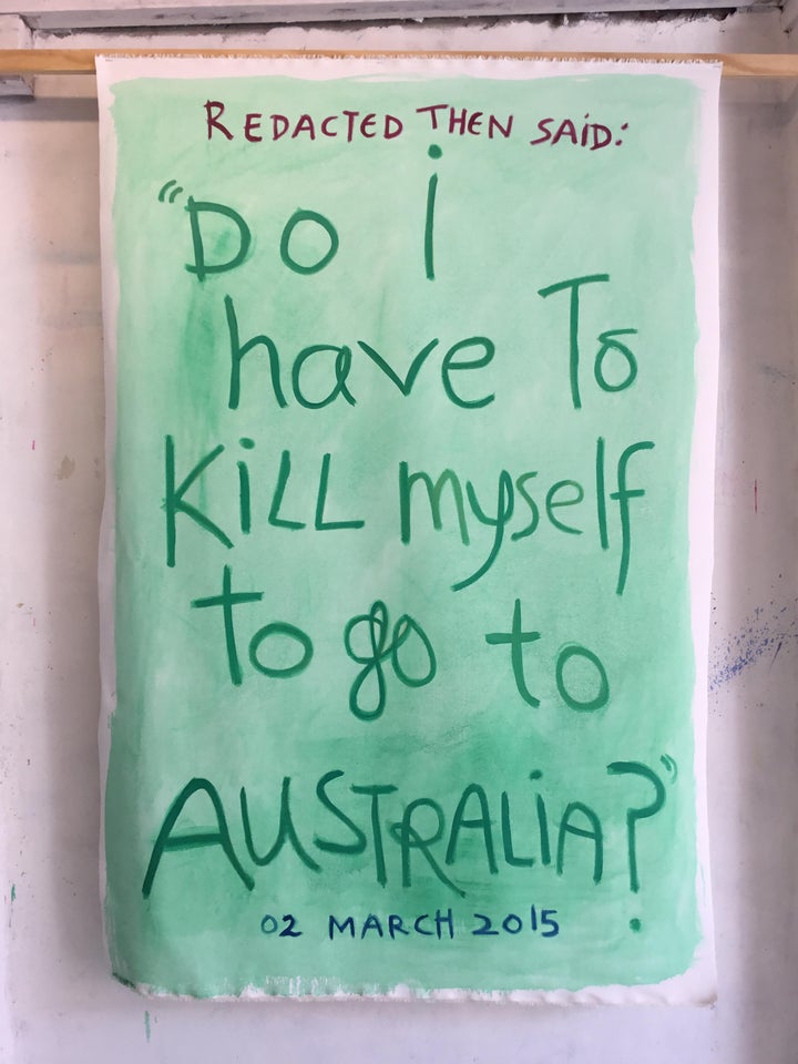 The incident report attached to this work reads, in part: "REDACTED saw them crying and told REDACTED he was worried about them. He then said, Do I have to kill myself to go to Australia? What place makes a REDACTED yr old try to kill themselves?"