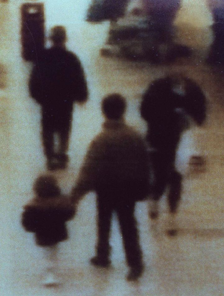 CCTV footage showing James being led away in the shopping centre he was abducted from 