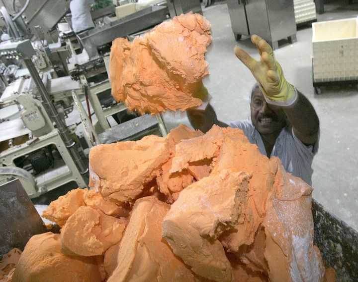Dough for orange Sweethearts at a Necco factory in Revere, Massachusetts.