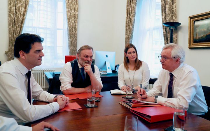 Brexit Secretary David Davis with Permanent Representative of the UK to the EU, Sir Tim Barrow, and lead Brexit negotiator Olly Robbins meet in No. 9 Downing Street.