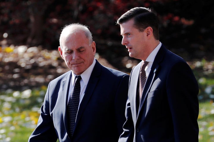White House chief of staff John Kelly walks with White House staff secretary Rob Porter on Nov. 29, 2017.