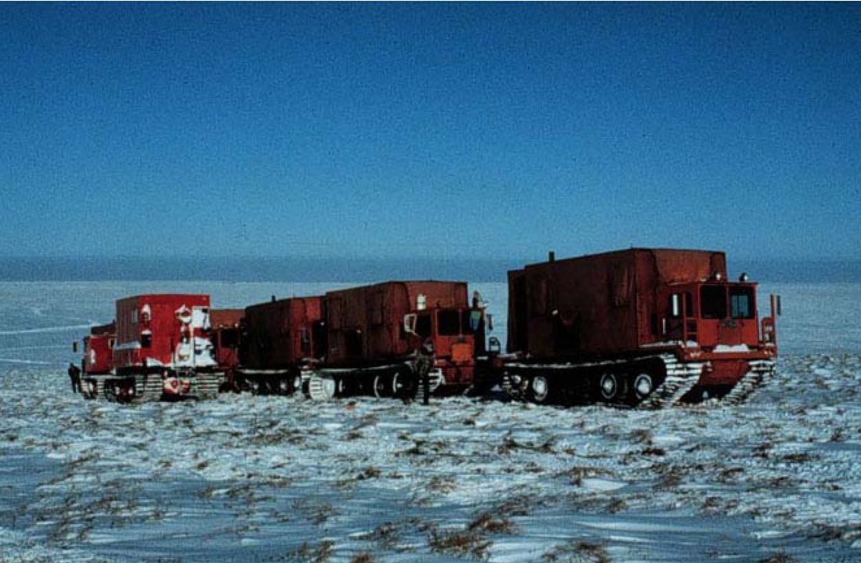 Seismic vibrator units in the 1002 area in the winter of 1985.