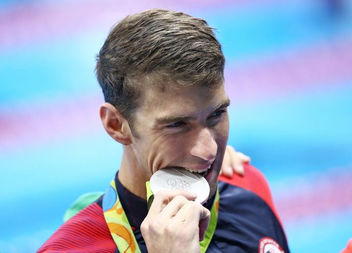 Michael Phelps of Team USA poses with his silver medal in Rio de Janeiro, Brazil, in 2016.