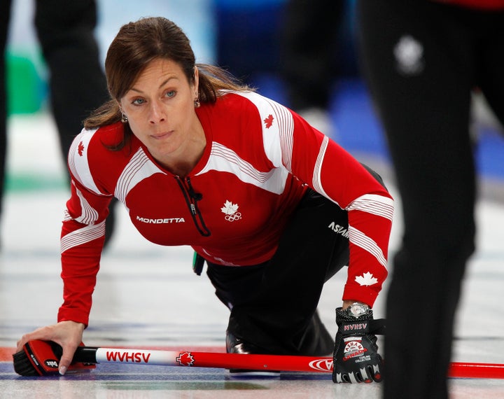 Cheryl Bernard of Canada watches her shot during the women's round robin curling event against Britain at the Vancouver 2010 Winter Olympics.