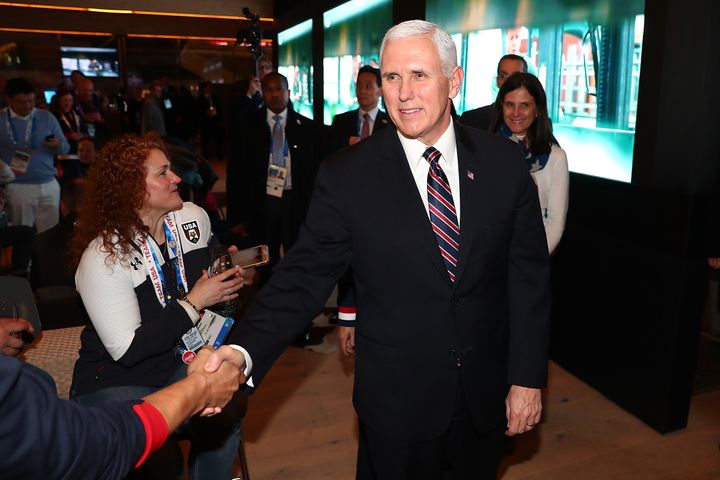 Mike Pence visits with guests at the USA House at the Winter Olympics.