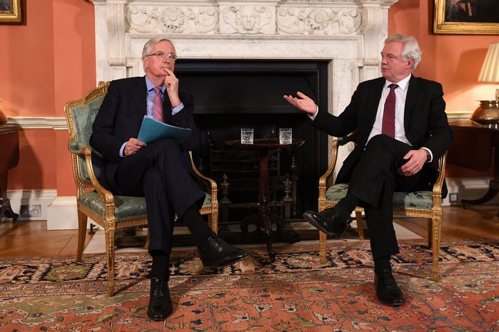 David Davis and the European Union's chief Brexit negotiator, Michel Barnier, speak inside 10 Downing Street on February 5