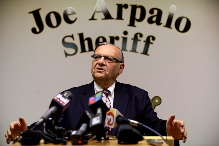 Then-Sheriff Joe Arpaio speaks during a news conference at his headquarters in Phoenix, Aug. 31, 2012.