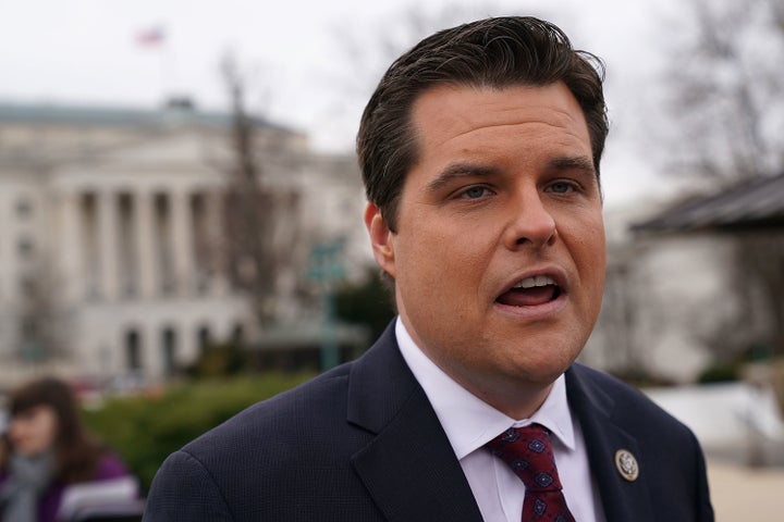 Rep. Matt Gaetz (R-Fla.) speaks to reporters in Washington, D.C., Dec. 6, 2017.