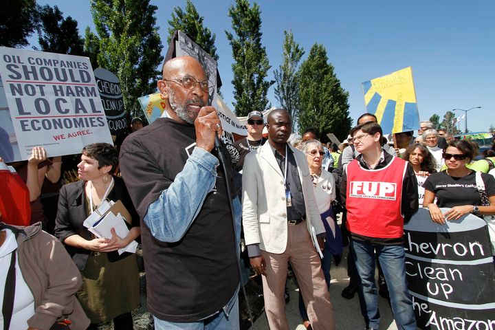 Kenneth Davis who lives near a Chevron refinery in North Richmond, California, speaks during a protest outside the annual meeting at Chevron headquarters in San Ramon, California.