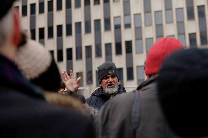 Immigration activist Ravi Ragbir leads a protest outside of a federal building in New York, U.S., Feb. 1, 2018.