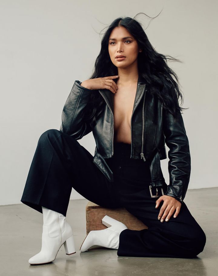 Frame Leather Crop Moto Jacket, $696.99, available at Frame; Stella McCartney pants; Kenneth Cole Alyssa Leather Boot, $250, available at Kenneth Cole.
